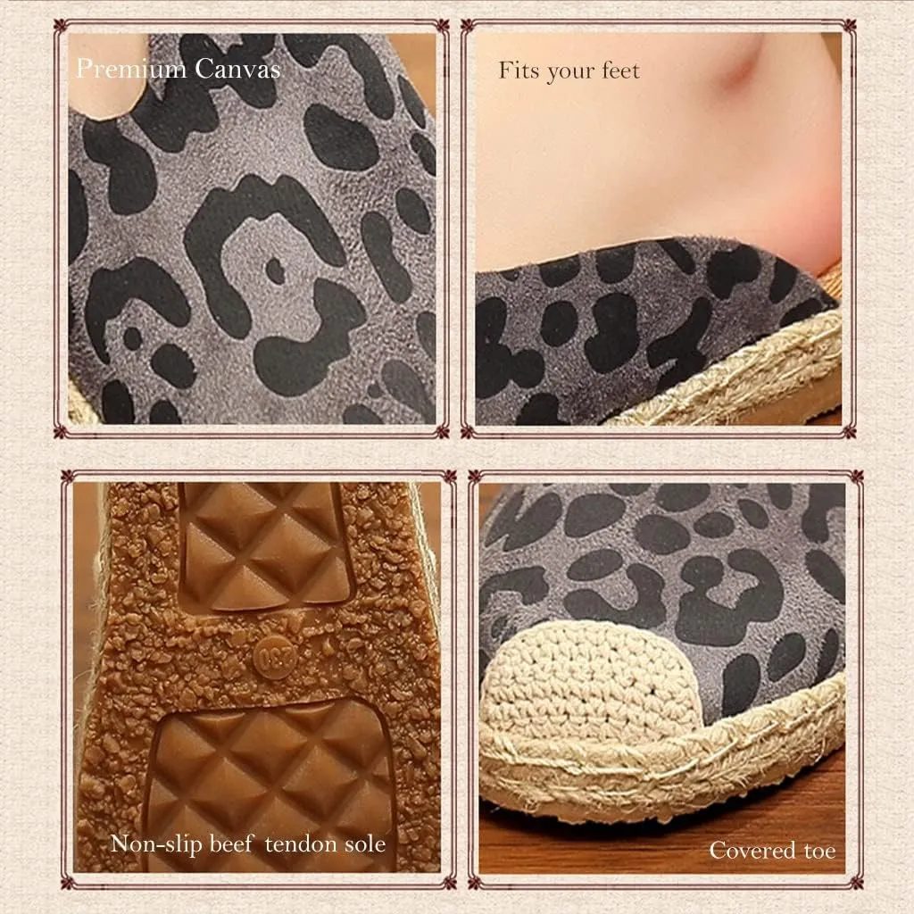 Summer Women's Sandals Leopard Print Flat Canvas Shoes Slip On, Linen and Cotton Woven Casual Slippers, Refreshing, Breathable, Sweat-Absorbing, Home, Bedroom, Garden Clogs, Guests Footwear
