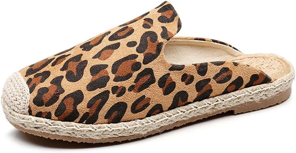 Summer Women's Sandals Leopard Print Flat Canvas Shoes Slip On, Linen and Cotton Woven Casual Slippers, Refreshing, Breathable, Sweat-Absorbing, Home, Bedroom, Garden Clogs, Guests Footwear