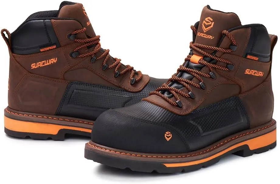 SUREWAY Composite Toe Heavy Duty Waterproof Work Boot, Men’s 6" Goodyear Welt Oil/Slip Resistant Dual-Density Comfortable Outsole Leather Construction Industrial Safety Lace Up Work Boots - Brown