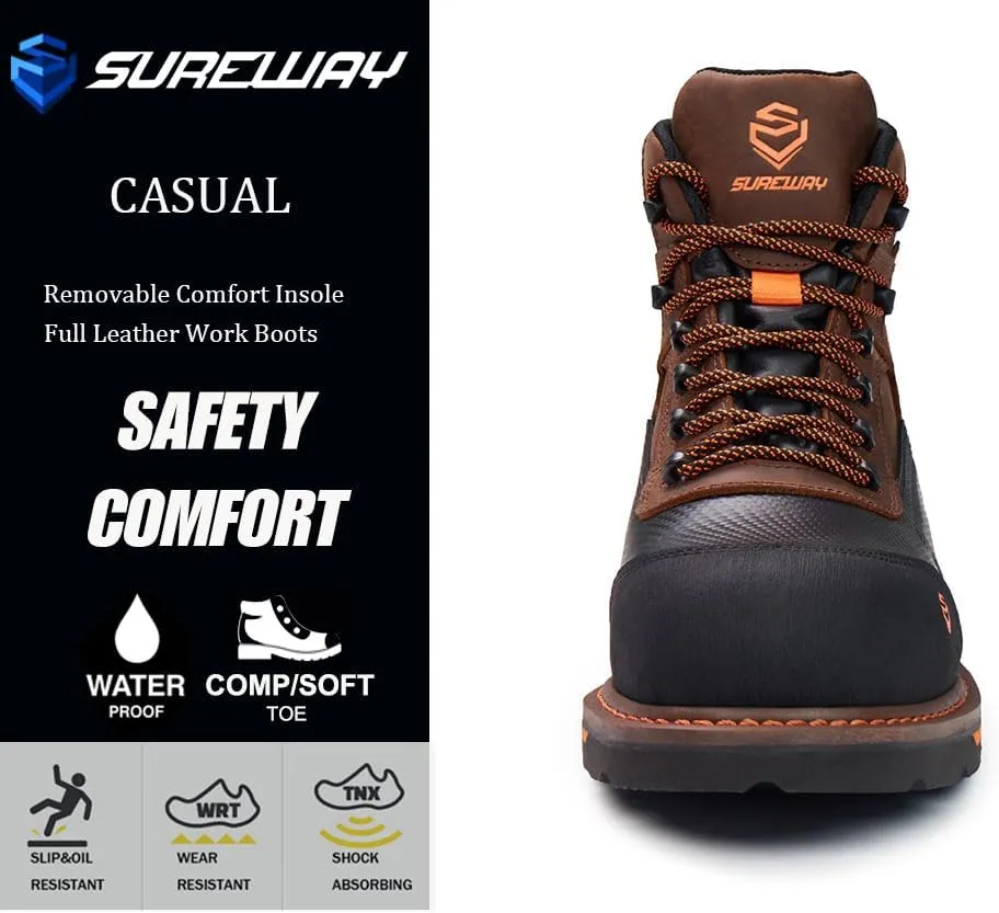 SUREWAY Composite Toe Heavy Duty Waterproof Work Boot, Men’s 6" Goodyear Welt Oil/Slip Resistant Dual-Density Comfortable Outsole Leather Construction Industrial Safety Lace Up Work Boots - Brown