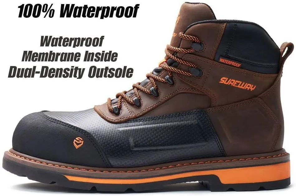 SUREWAY Composite Toe Heavy Duty Waterproof Work Boot, Men’s 6" Goodyear Welt Oil/Slip Resistant Dual-Density Comfortable Outsole Leather Construction Industrial Safety Lace Up Work Boots - Brown
