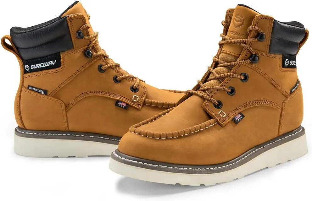 SUREWAY Men's 6" Heavy Duty Soft Toe Waterproof Work Boots,EH Construction Industrial Safety Leather Work Boots,Lace Up Moc Toe Work Boot,Goodyear Welt Oil/Slip Resistant Comfortable Outsole