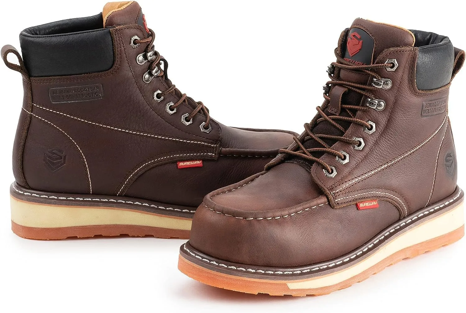 SUREWAY Mens Heavy Duty Soft/Composite/Steel Toe Work Boots for Men-Comfortable,Goodyear Welt,Full Grain Leather,6 in Wedge Moc Toe Construction Boots/Shoes