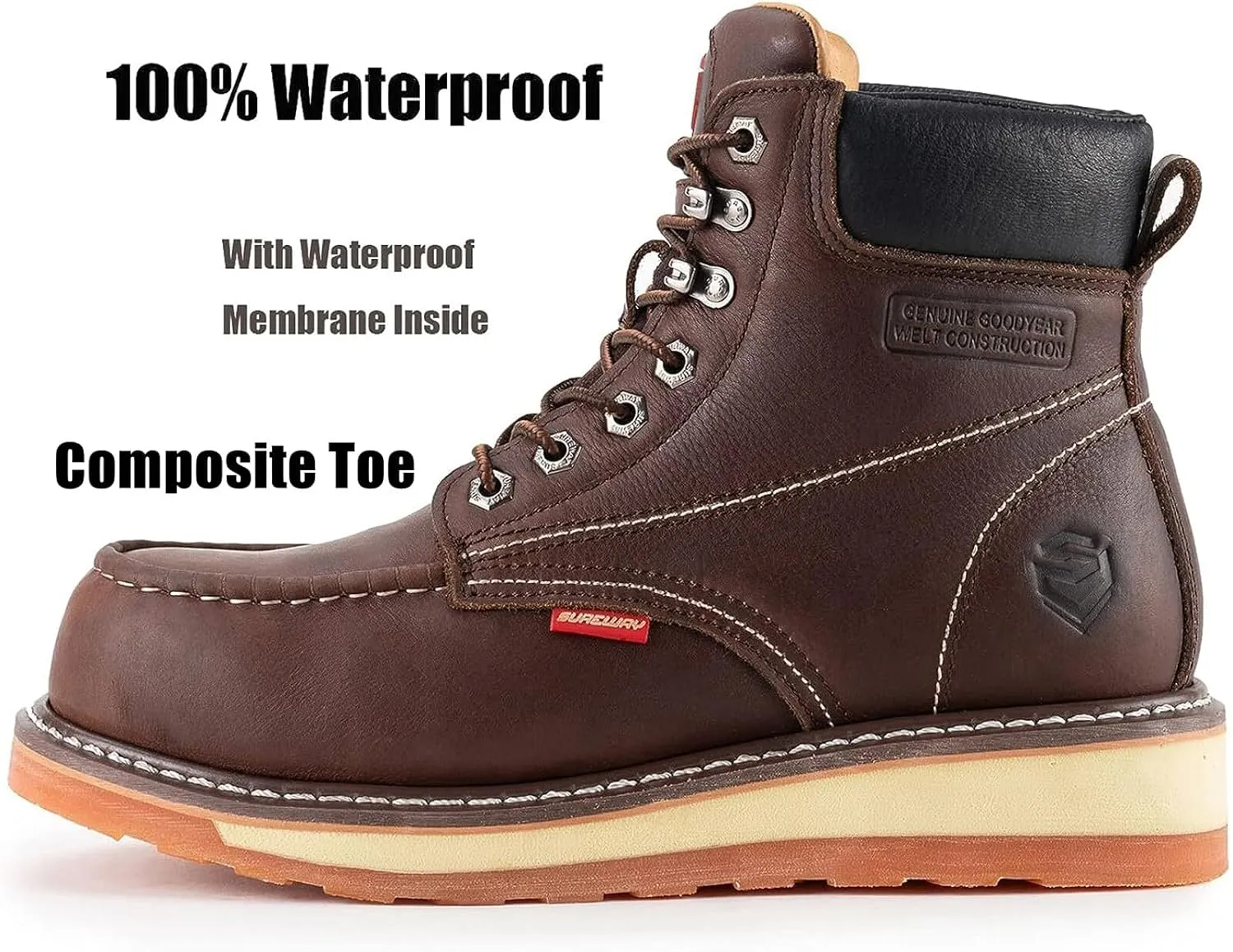 SUREWAY Mens Heavy Duty Soft/Composite/Steel Toe Work Boots for Men-Comfortable,Goodyear Welt,Full Grain Leather,6 in Wedge Moc Toe Construction Boots/Shoes