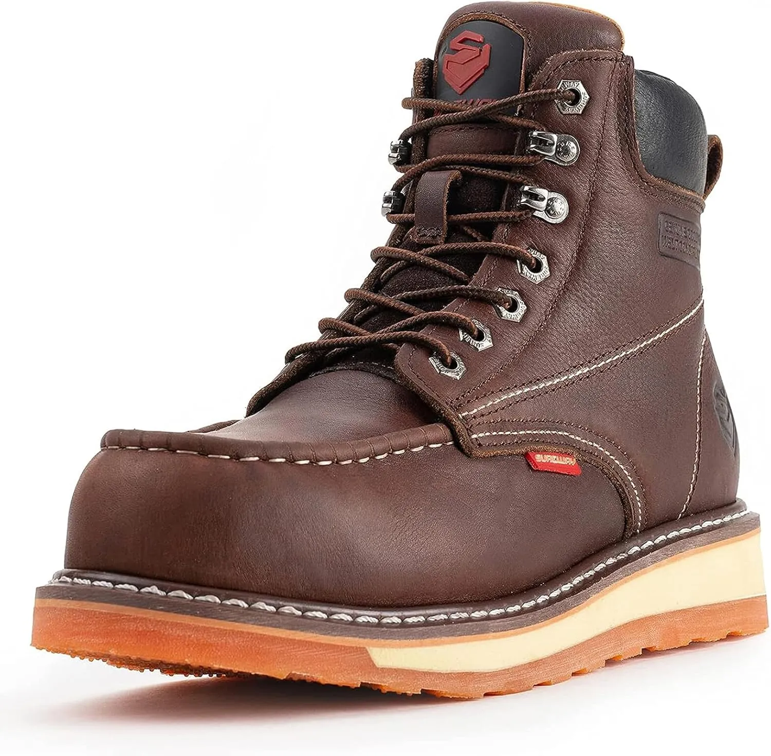 SUREWAY Mens Heavy Duty Soft/Composite/Steel Toe Work Boots for Men-Comfortable,Goodyear Welt,Full Grain Leather,6 in Wedge Moc Toe Construction Boots/Shoes