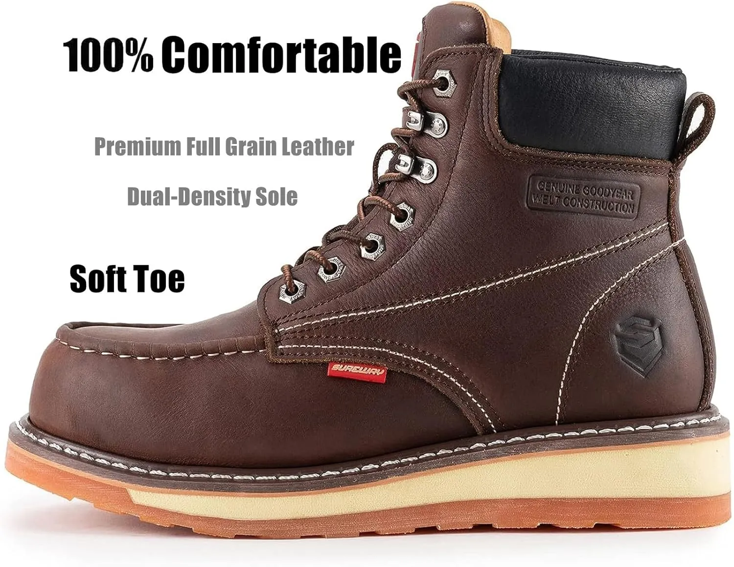 SUREWAY Mens Heavy Duty Soft/Composite/Steel Toe Work Boots for Men-Comfortable,Goodyear Welt,Full Grain Leather,6 in Wedge Moc Toe Construction Boots/Shoes