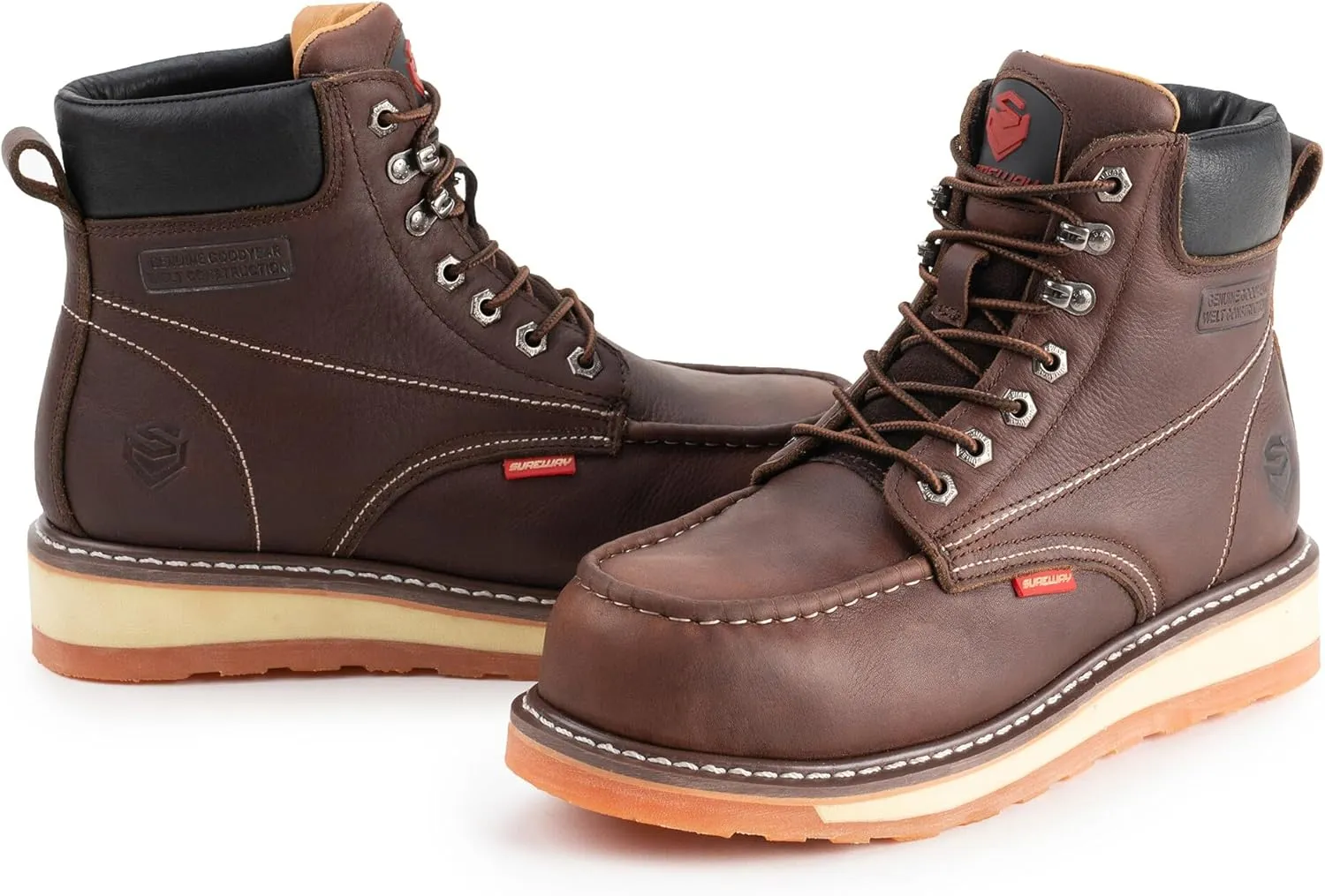 SUREWAY Mens Heavy Duty Soft/Composite/Steel Toe Work Boots for Men-Comfortable,Goodyear Welt,Full Grain Leather,6 in Wedge Moc Toe Construction Boots/Shoes
