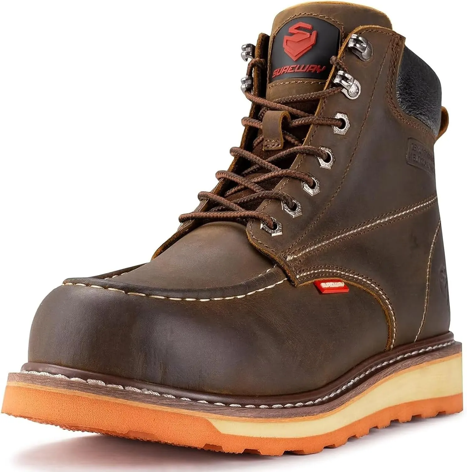 SUREWAY Mens Heavy Duty Soft/Composite/Steel Toe Work Boots for Men-Comfortable,Goodyear Welt,Full Grain Leather,6 in Wedge Moc Toe Construction Boots/Shoes,Soft Toe Brown,Size 7.5