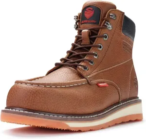 SUREWAY Mens Heavy Duty Soft/Composite/Steel Toe Work Boots for Men-Comfortable,Goodyear Welt,Full Grain Leather,6 in Wedge Moc Toe Construction Boots/Shoes,Steel Toe Tobacco,Size 9.5