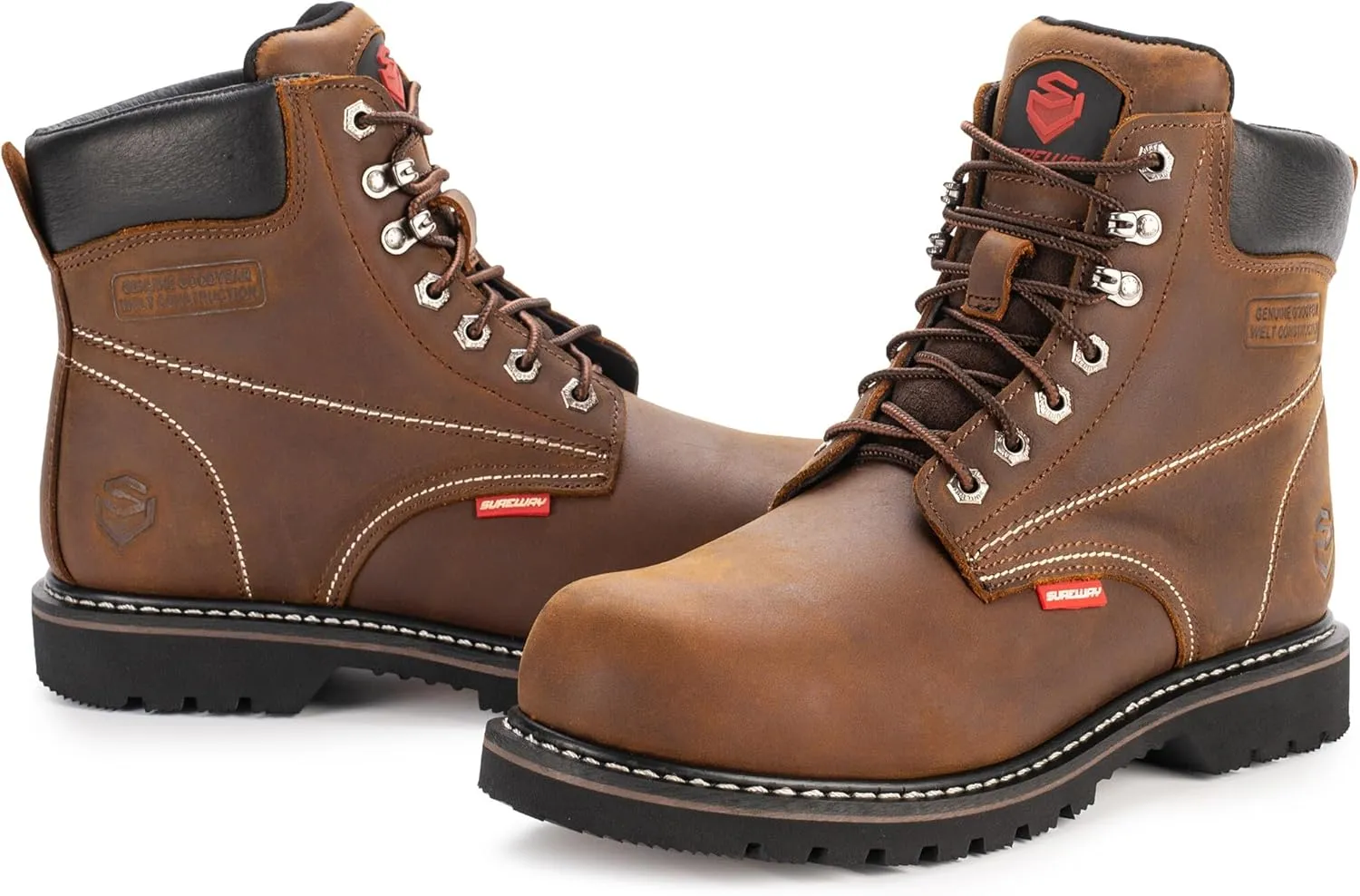 SUREWAY Mens Heavy Duty Soft/Steel Toe Work Boots for Men,Goodyear,Full Grain Leather Working Construction Boot,Slip/Oil/Water Resistant Industrial Safety Shoes