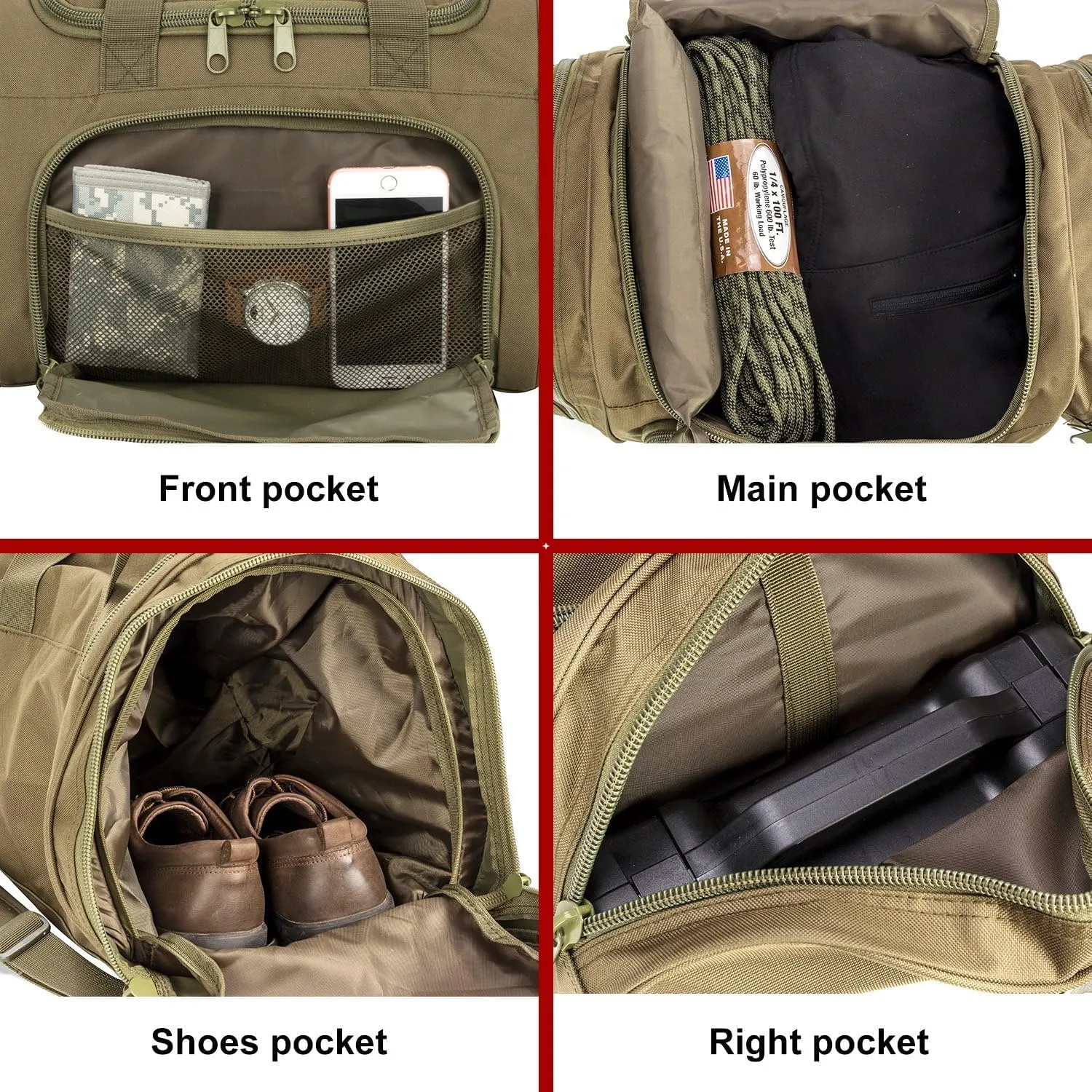 Tactical Travel Duffle Bag with Shoes Compartment Weekender Bags Carry On Overnight Bag For Men and Women Gym Sports Tote Pocket