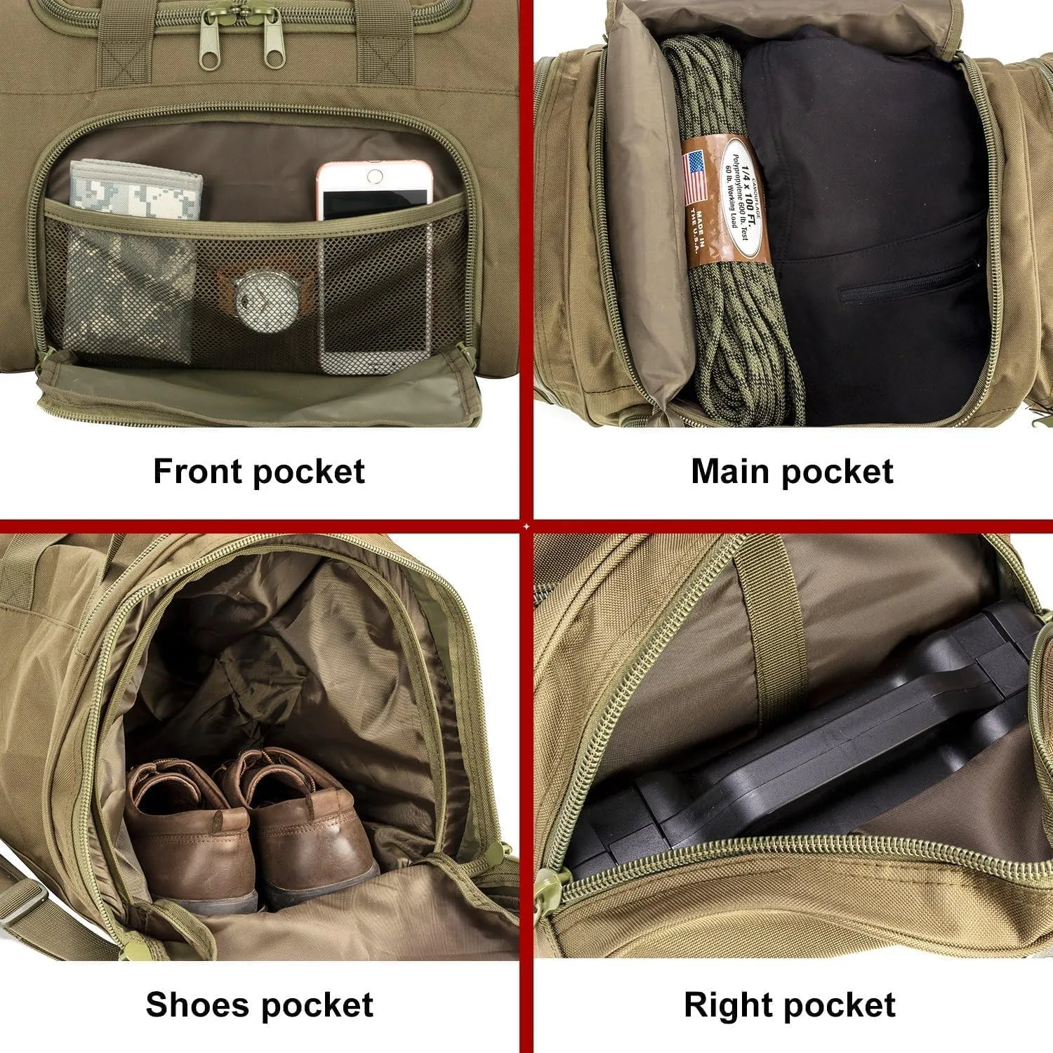 Tactical Travel Duffle Bag with Shoes Compartment Weekender Bags Carry On Overnight Bag For Men and Women Gym Sports Tote Pocket