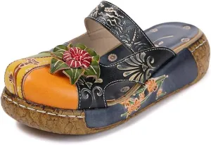 TangDao Women's Colorful Leather Slipper Vintage Fashion Floral Flower Sandals Boho Slippers Platform Flat Backless Sandals for Women