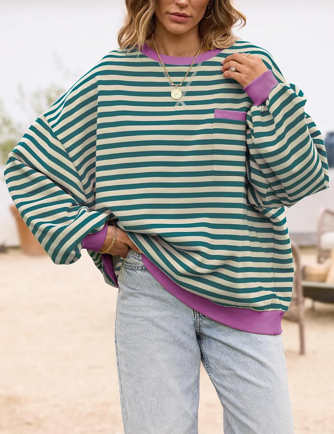 TARSE Oversized Crewneck Sweatshirt for Women Dropped Shoulders Striped Shirt Plain Pullover Ladies Loose Long Sleeve Tops