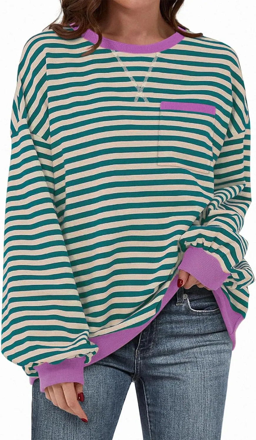 TARSE Oversized Crewneck Sweatshirt for Women Dropped Shoulders Striped Shirt Plain Pullover Ladies Loose Long Sleeve Tops