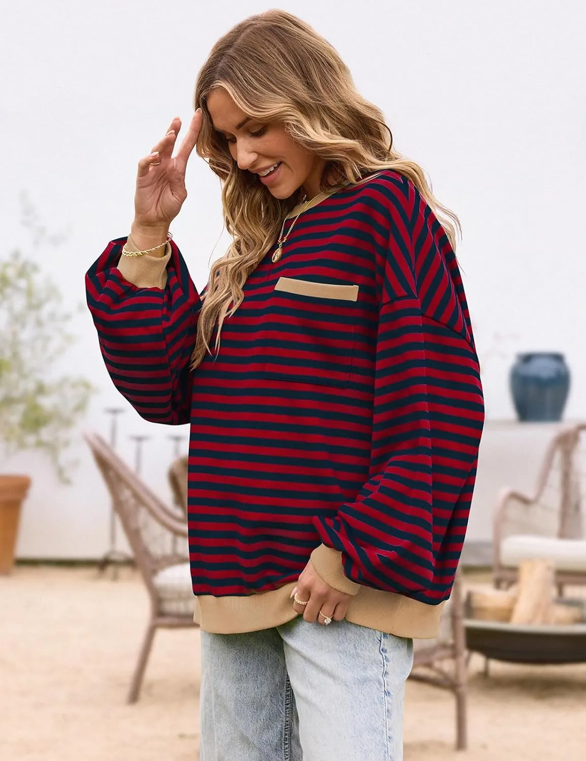 TARSE Oversized Crewneck Sweatshirt for Women Dropped Shoulders Striped Shirt Plain Pullover Ladies Loose Long Sleeve Tops