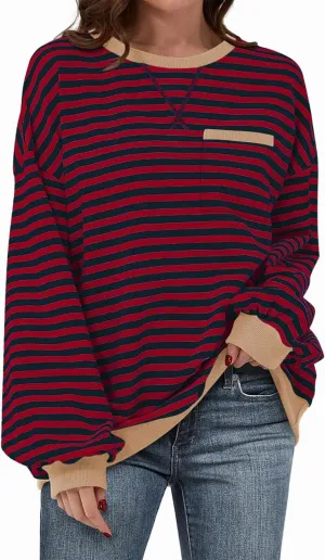 TARSE Oversized Crewneck Sweatshirt for Women Dropped Shoulders Striped Shirt Plain Pullover Ladies Loose Long Sleeve Tops