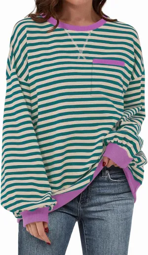 TARSE Oversized Crewneck Sweatshirt for Women Dropped Shoulders Striped Shirt Plain Pullover Ladies Loose Long Sleeve Tops