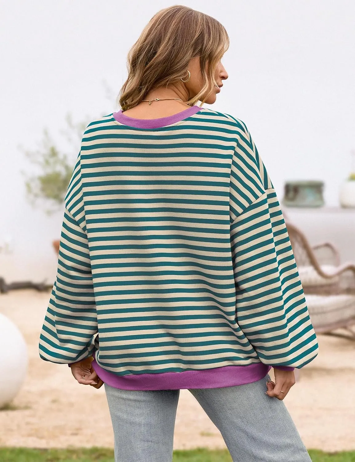 TARSE Oversized Crewneck Sweatshirt for Women Dropped Shoulders Striped Shirt Plain Pullover Ladies Loose Long Sleeve Tops