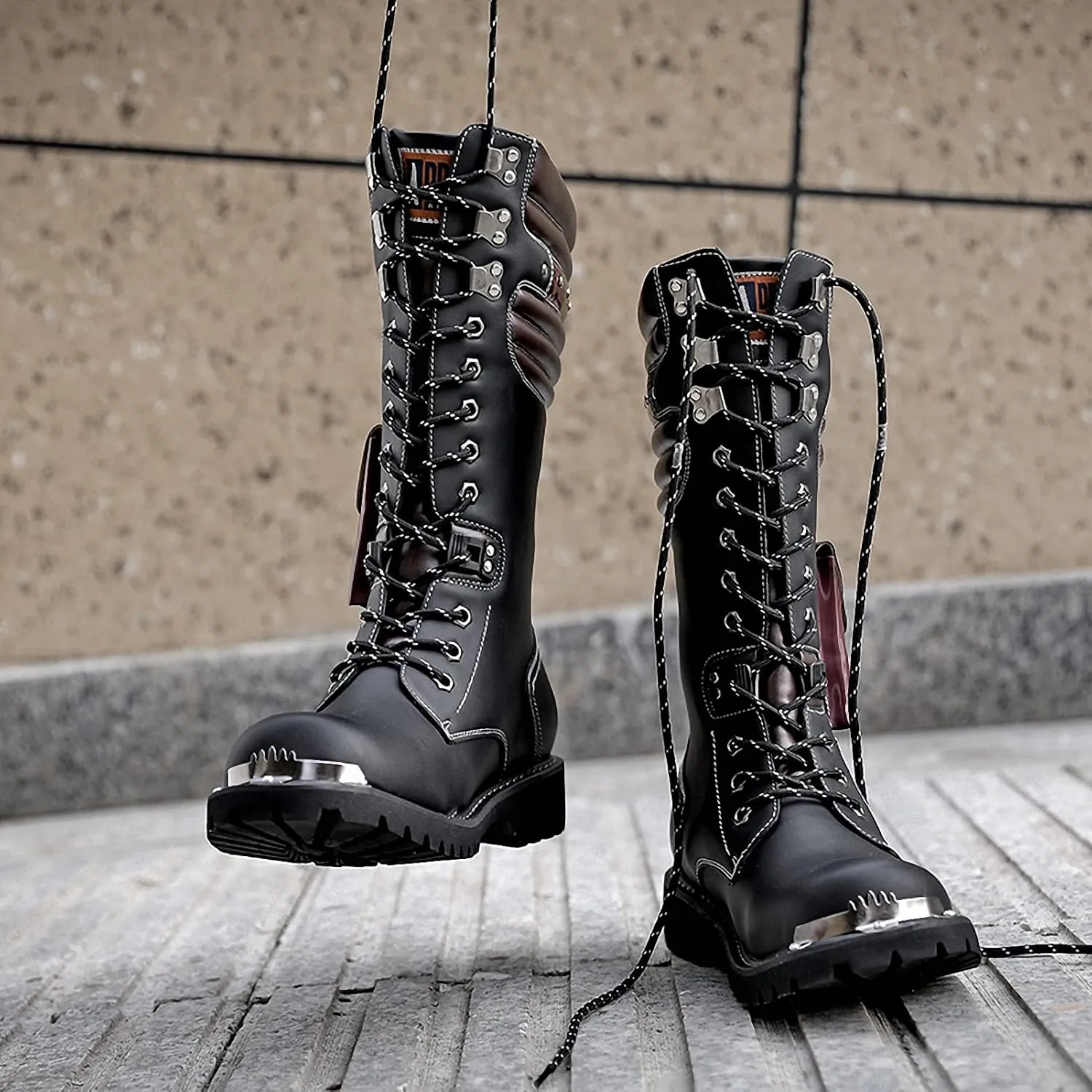Tebapi Men's Motorcycle Boots Army Backpacking Leather Mid-Calf High Men Military Tactical Combat Boot Buckle Lace Up Waterproof British Metal Military Motorcycle Biker Riding Punk Rock Shoes