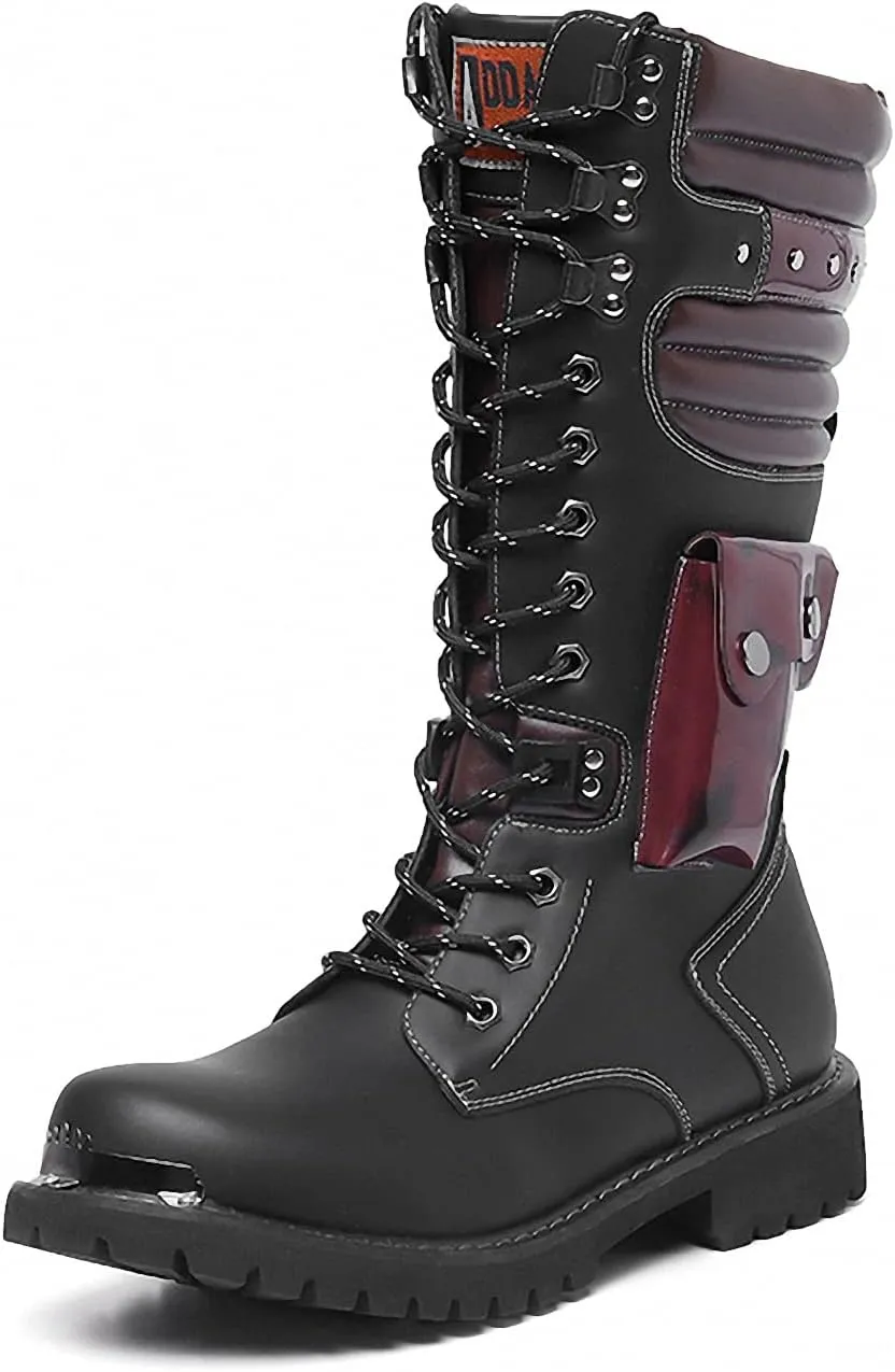 Tebapi Men's Motorcycle Boots Army Backpacking Leather Mid-Calf High Men Military Tactical Combat Boot Buckle Lace Up Waterproof British Metal Military Motorcycle Biker Riding Punk Rock Shoes