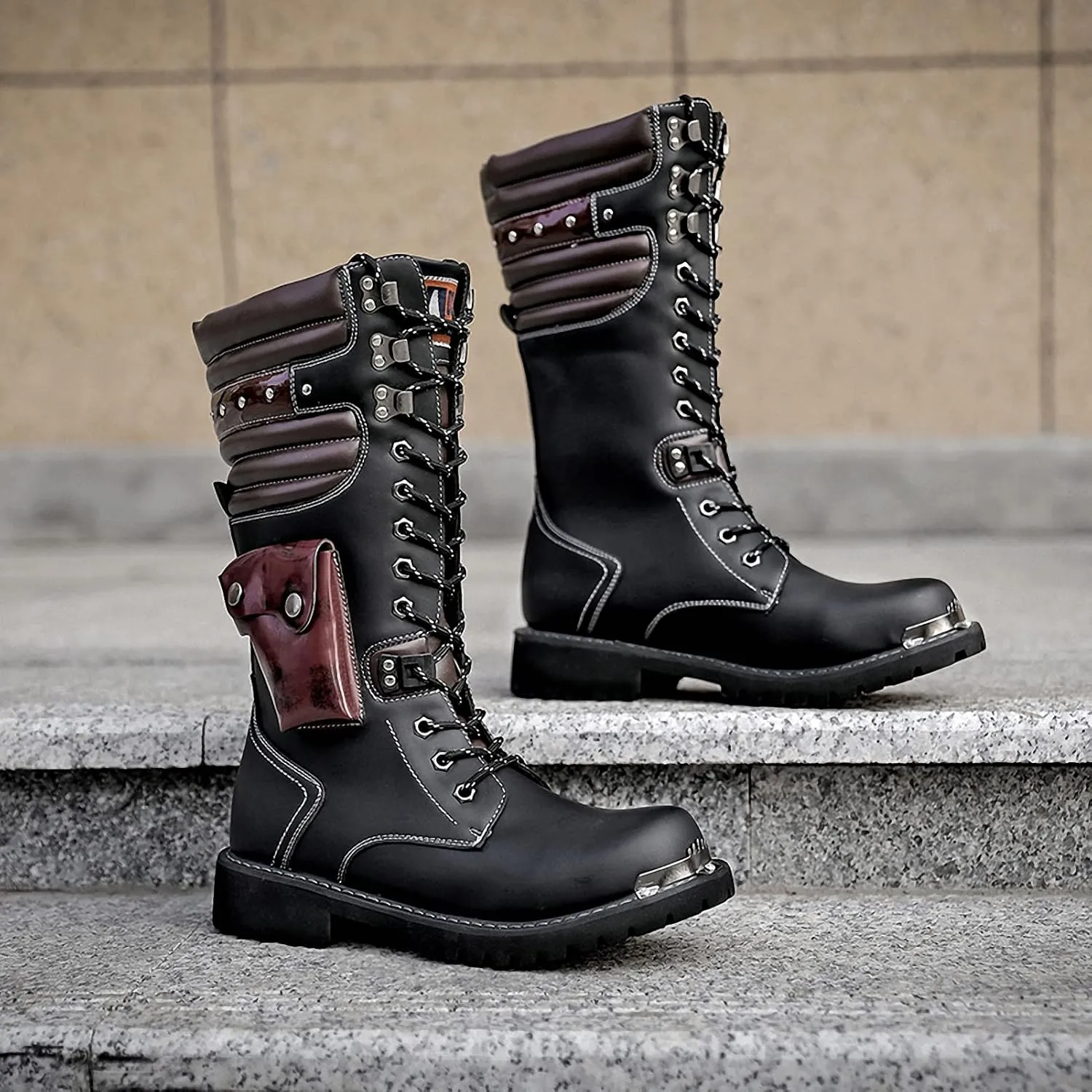 Tebapi Men's Motorcycle Boots Army Backpacking Leather Mid-Calf High Men Military Tactical Combat Boot Buckle Lace Up Waterproof British Metal Military Motorcycle Biker Riding Punk Rock Shoes