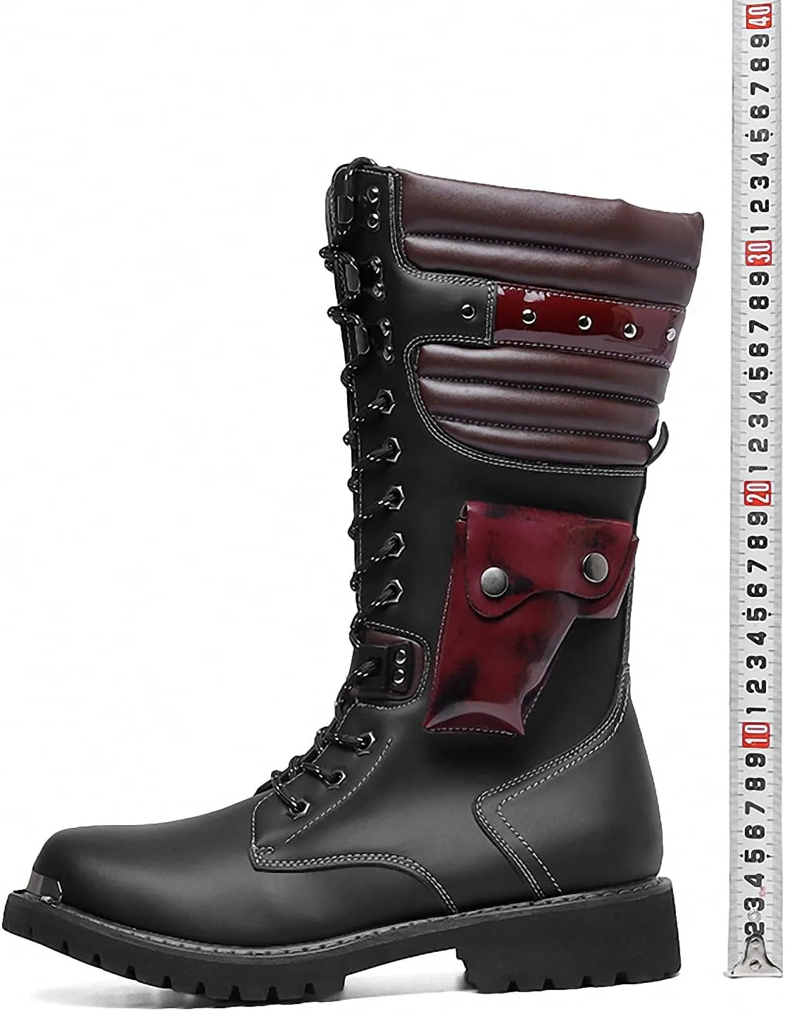 Tebapi Men's Motorcycle Boots Army Backpacking Leather Mid-Calf High Men Military Tactical Combat Boot Buckle Lace Up Waterproof British Metal Military Motorcycle Biker Riding Punk Rock Shoes