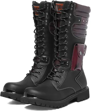 Tebapi Men's Motorcycle Boots Army Backpacking Leather Mid-Calf High Men Military Tactical Combat Boot Buckle Lace Up Waterproof British Metal Military Motorcycle Biker Riding Punk Rock Shoes
