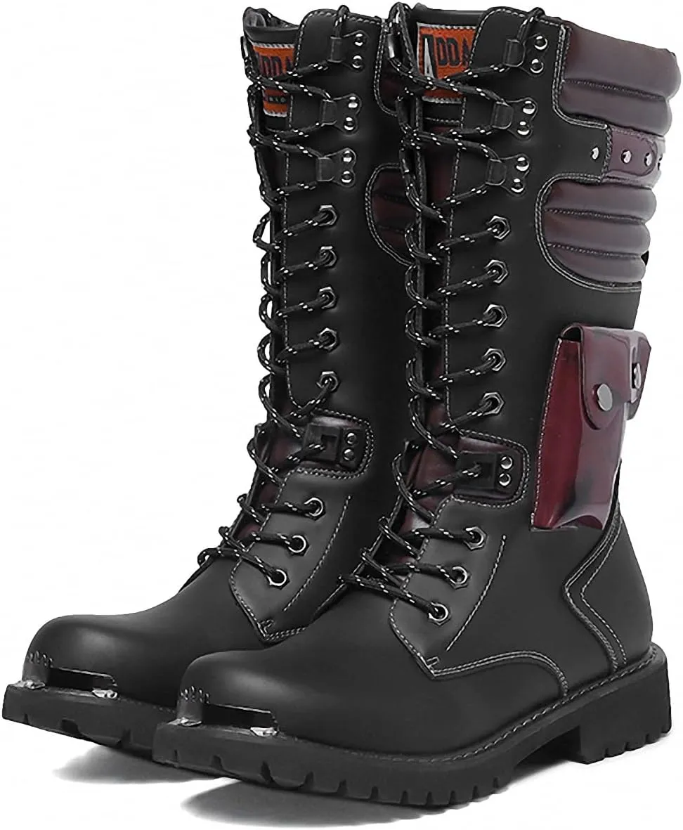 Tebapi Men's Motorcycle Boots Army Backpacking Leather Mid-Calf High Men Military Tactical Combat Boot Buckle Lace Up Waterproof British Metal Military Motorcycle Biker Riding Punk Rock Shoes