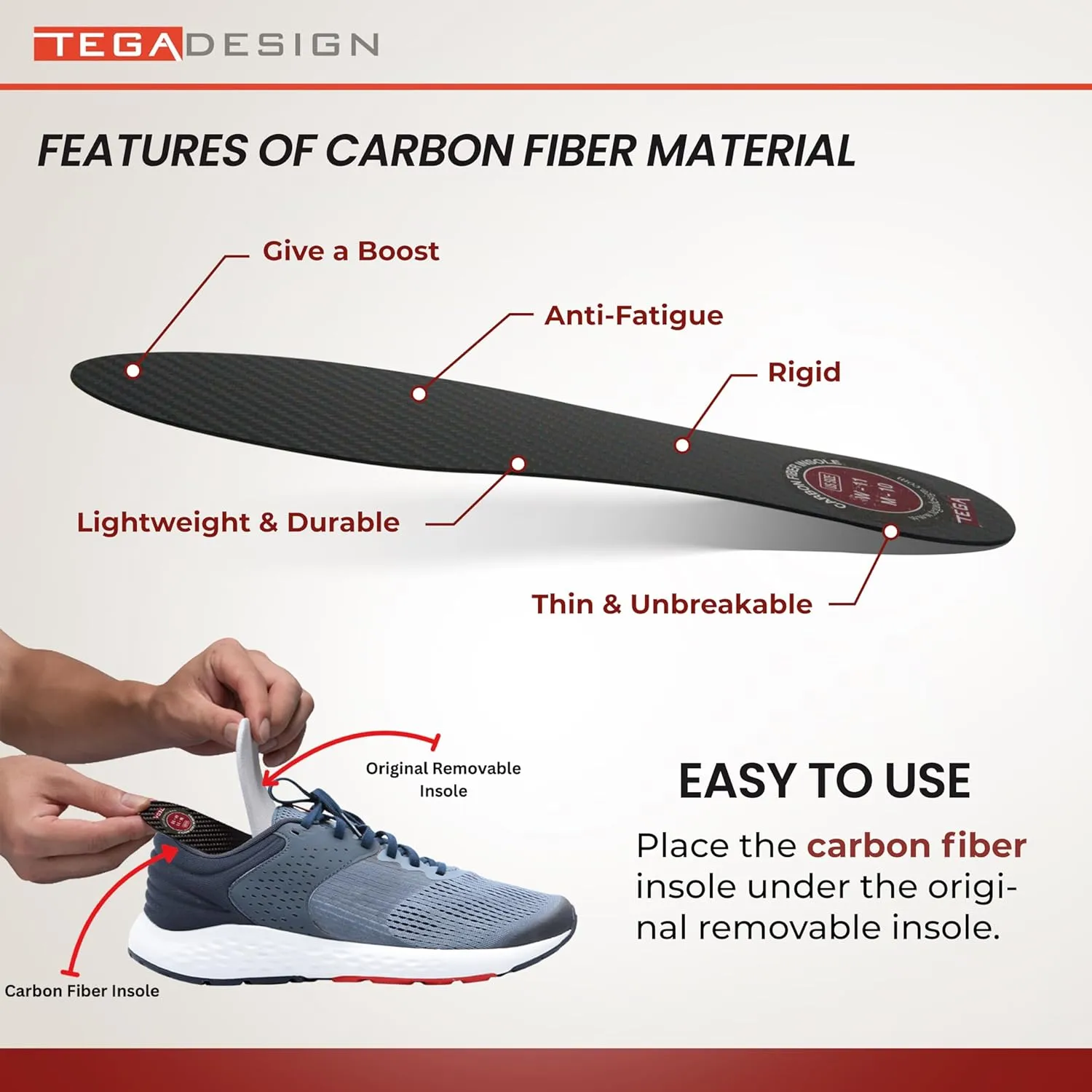 TEGA Carbon Fiber Insole (1 Pair) - for Turf Toe, Foot Fractures, Hallux Rigidus and Limitus - Rigid Shoe Insert for Sports, Hiking, Trekking, Basketball, Running - Alternative to Post Op Shoe
