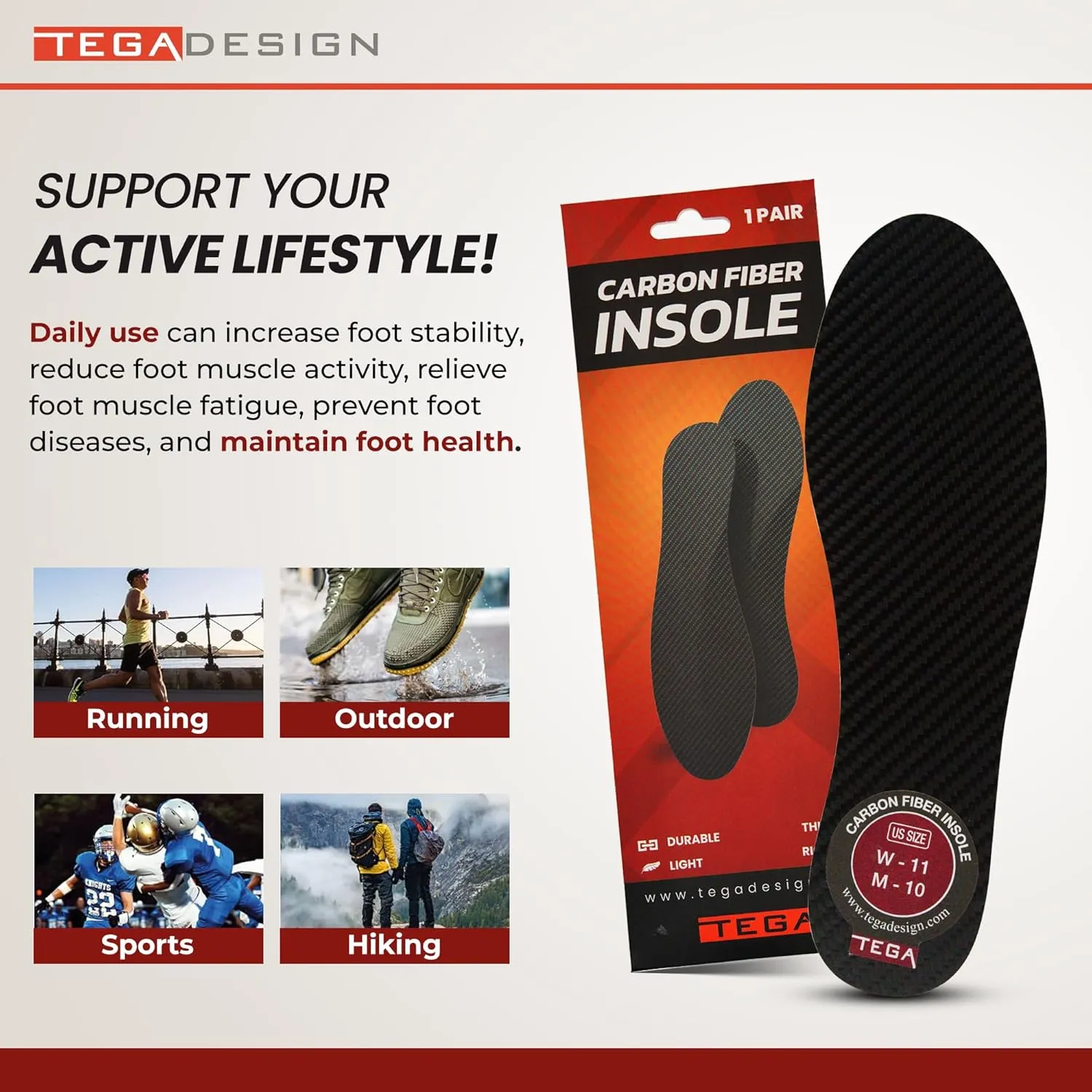 TEGA Carbon Fiber Insole (1 Pair) - for Turf Toe, Foot Fractures, Hallux Rigidus and Limitus - Rigid Shoe Insert for Sports, Hiking, Trekking, Basketball, Running - Alternative to Post Op Shoe