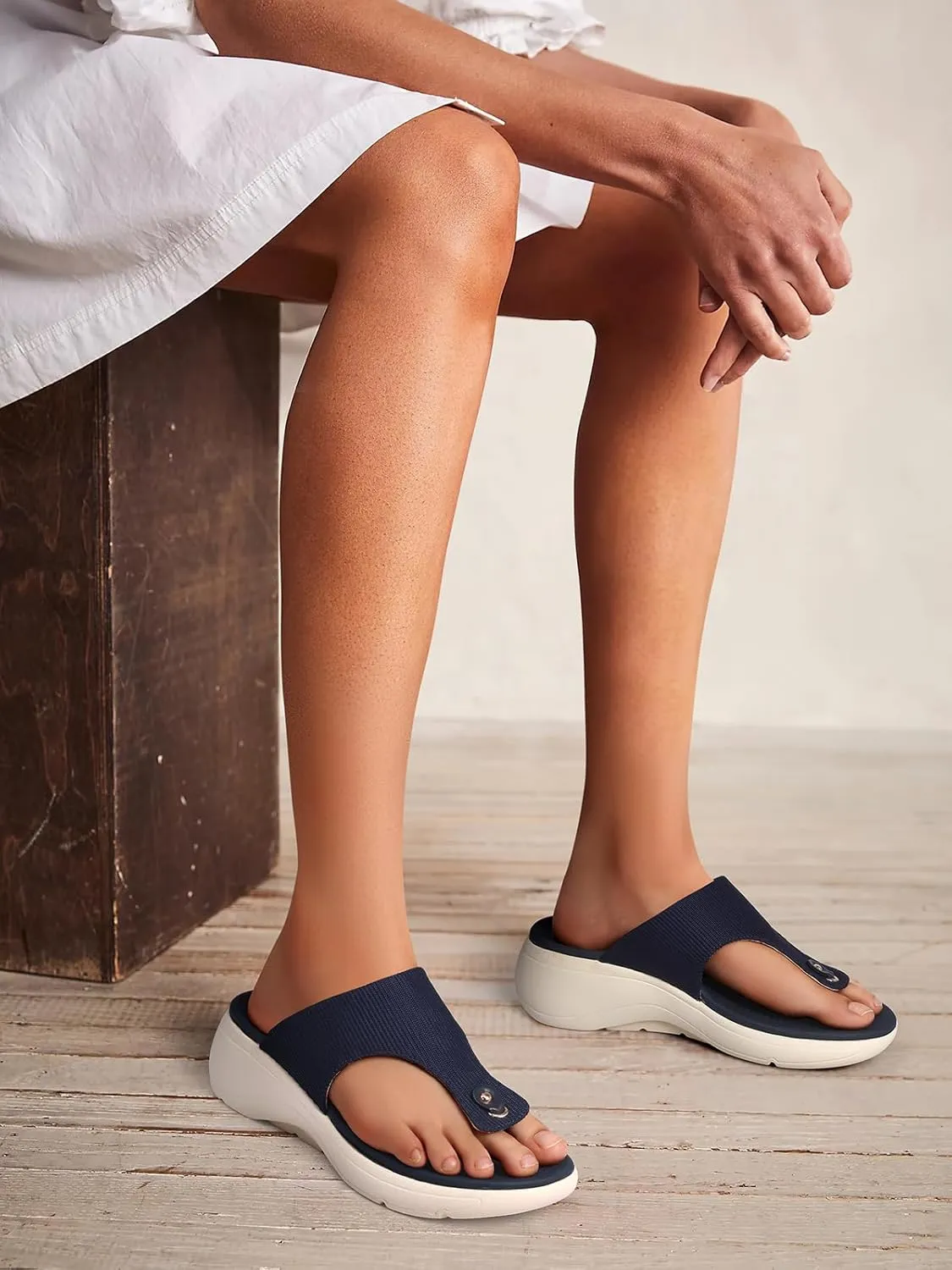 TEMOFON Womens Sandals Slides Dressy: Arch Support Flip Flops Wedge - Slip on Thong Flip Flops Slides Sandals Size 5-9