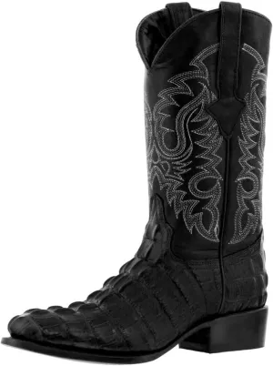 Texas Legacy Mens Black Western Leather Cowboy Boots Crocodile Tail Print Round
