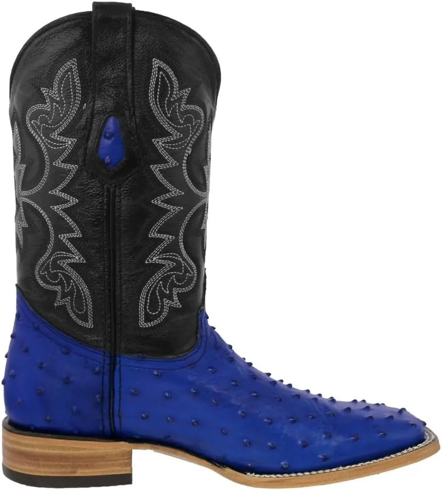 Texas Legacy Mens Blue Cowboy Boots Ostrich Quill Print Leather Square Toe Botas