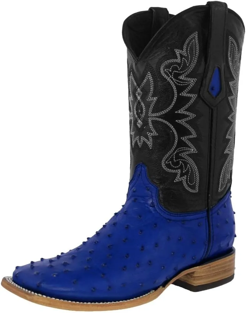 Texas Legacy Mens Blue Cowboy Boots Ostrich Quill Print Leather Square Toe Botas