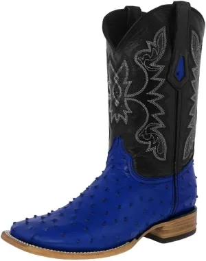 Texas Legacy Mens Blue Cowboy Boots Ostrich Quill Print Leather Square Toe Botas