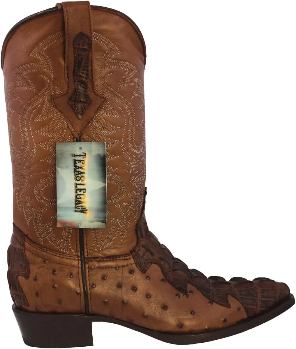 Texas Legacy Mens Brown Western Cowboy Boots Crocodile & Ostrich Print J Toe