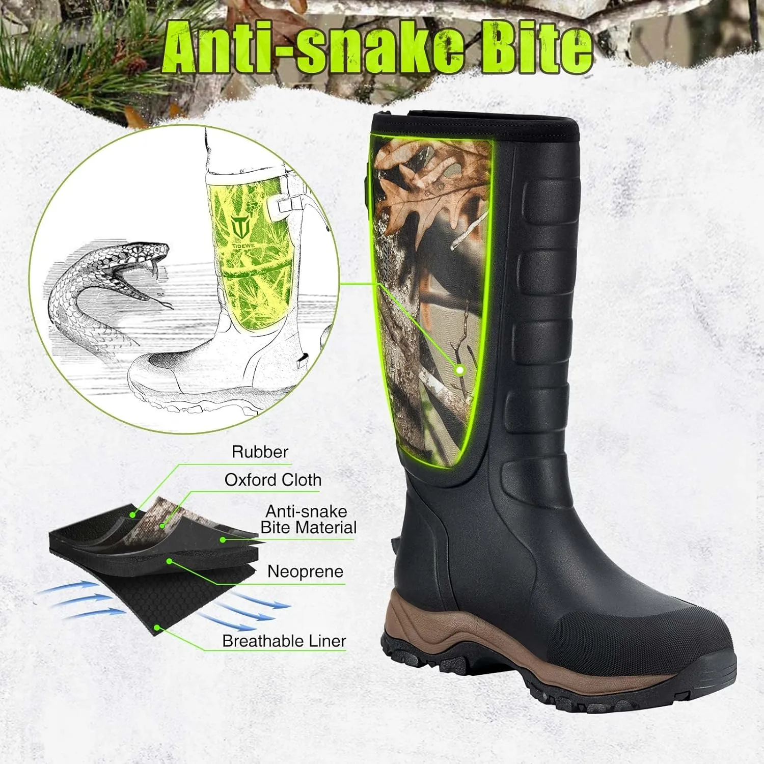TIDEWE Hunting Boots Snake Proof for Men and Women, Waterproof Insulated Warm Rubber With Steel Shank, 5mm Neoprene Lightweight Outdoor, Sturdy Work for Farming Gardening
