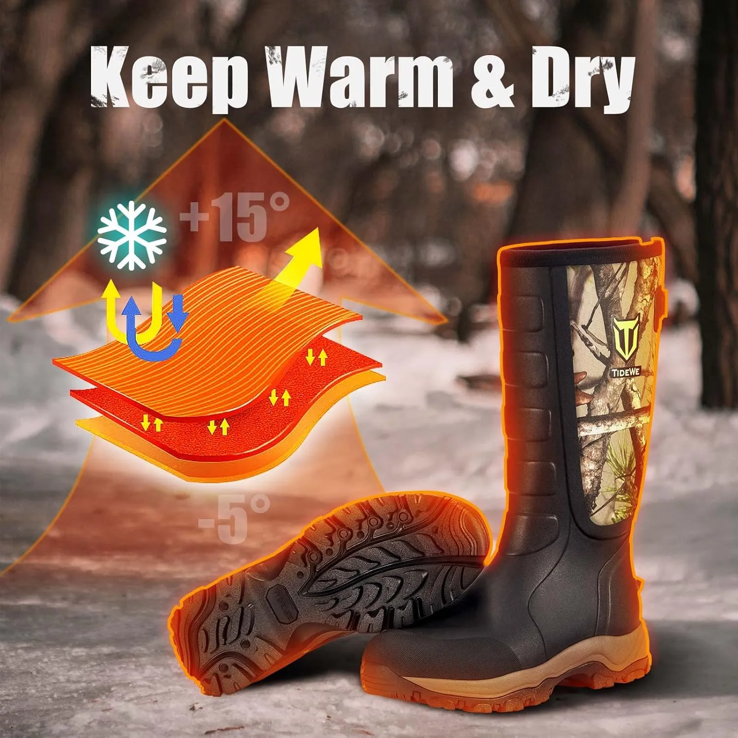 TIDEWE Hunting Boots Snake Proof for Men and Women, Waterproof Insulated Warm Rubber With Steel Shank, 5mm Neoprene Lightweight Outdoor, Sturdy Work for Farming Gardening