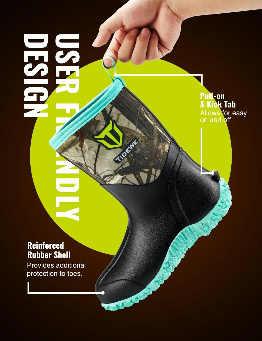 TIDEWE Rubber Boots for Women, 5.5mm Neoprene Insulated Rain Boots with Steel Shank, Waterproof Mid Calf Hunting Boots, Sturdy Rubber Work Boots for Farming Gardening Fishing