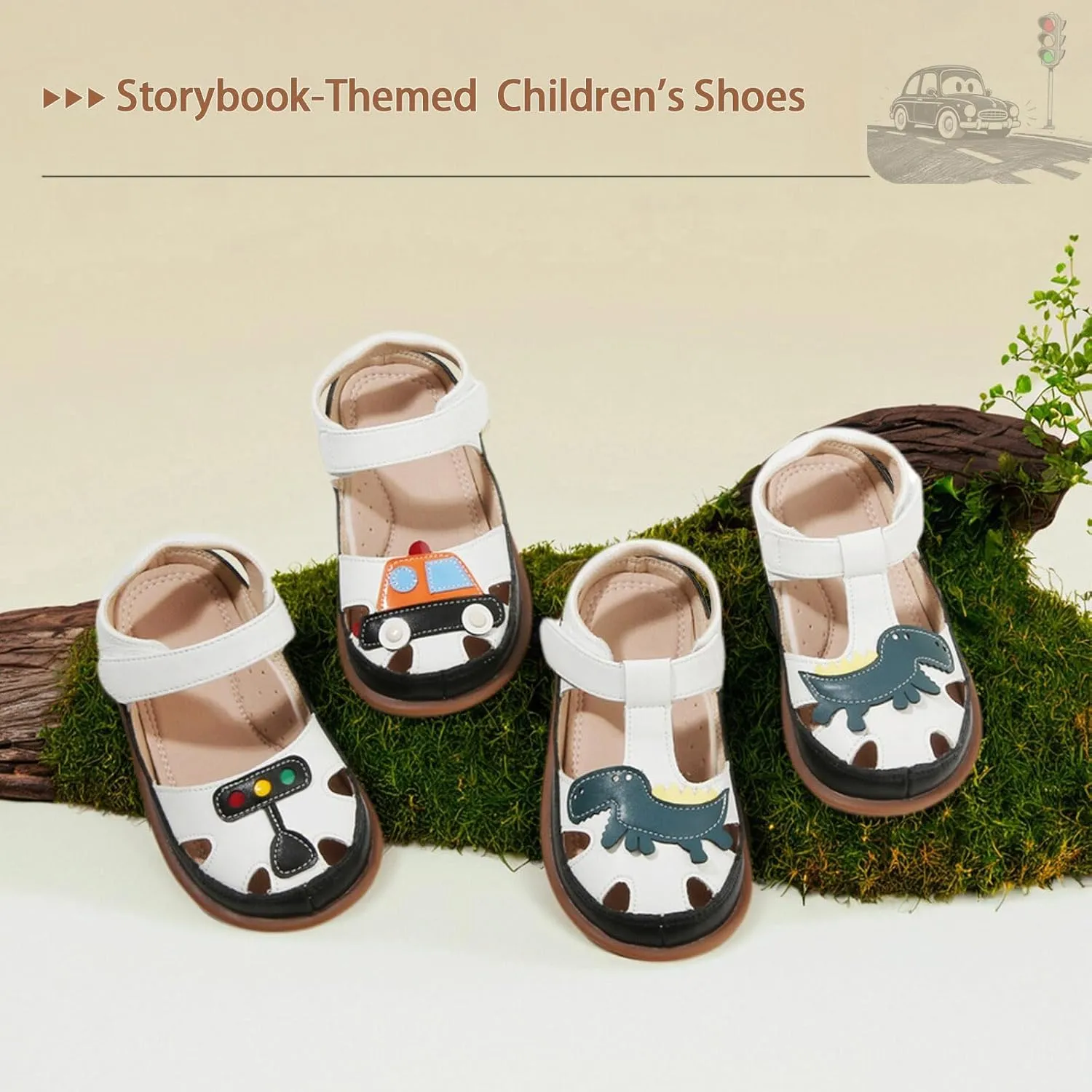 ‌Toddler Boys Closed Toe Sandals, Breathable Leather Kids Sandals with Car & Traffic Light Pattern, Soft Non-Slip Outsole for Summer Outdoor Activities Ages 2-7