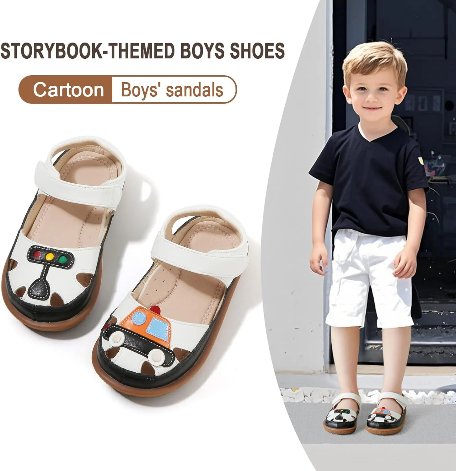 ‌Toddler Boys Closed Toe Sandals, Breathable Leather Kids Sandals with Car & Traffic Light Pattern, Soft Non-Slip Outsole for Summer Outdoor Activities Ages 2-7