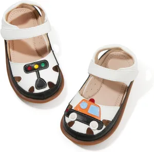 ‌Toddler Boys Closed Toe Sandals, Breathable Leather Kids Sandals with Car & Traffic Light Pattern, Soft Non-Slip Outsole for Summer Outdoor Activities Ages 2-7