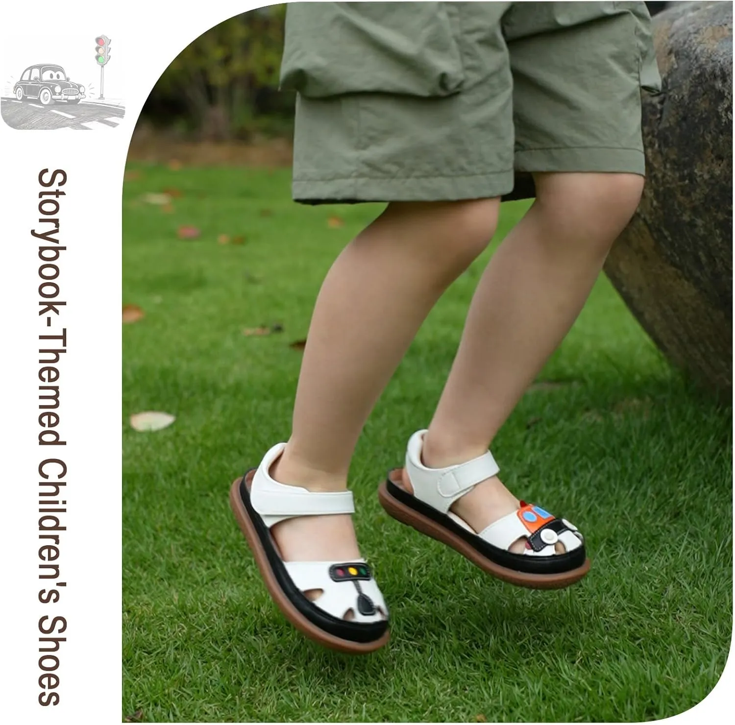 ‌Toddler Boys Closed Toe Sandals, Breathable Leather Kids Sandals with Car & Traffic Light Pattern, Soft Non-Slip Outsole for Summer Outdoor Activities Ages 2-7