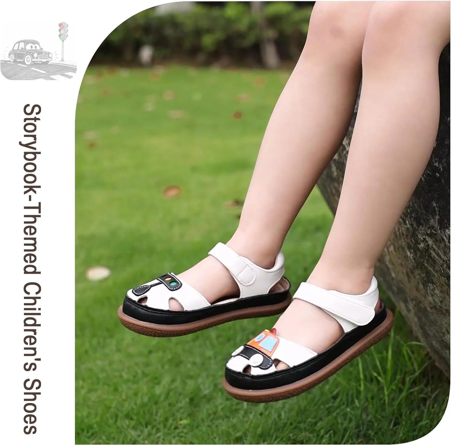 ‌Toddler Boys Closed Toe Sandals, Breathable Leather Kids Sandals with Car & Traffic Light Pattern, Soft Non-Slip Outsole for Summer Outdoor Activities Ages 2-7
