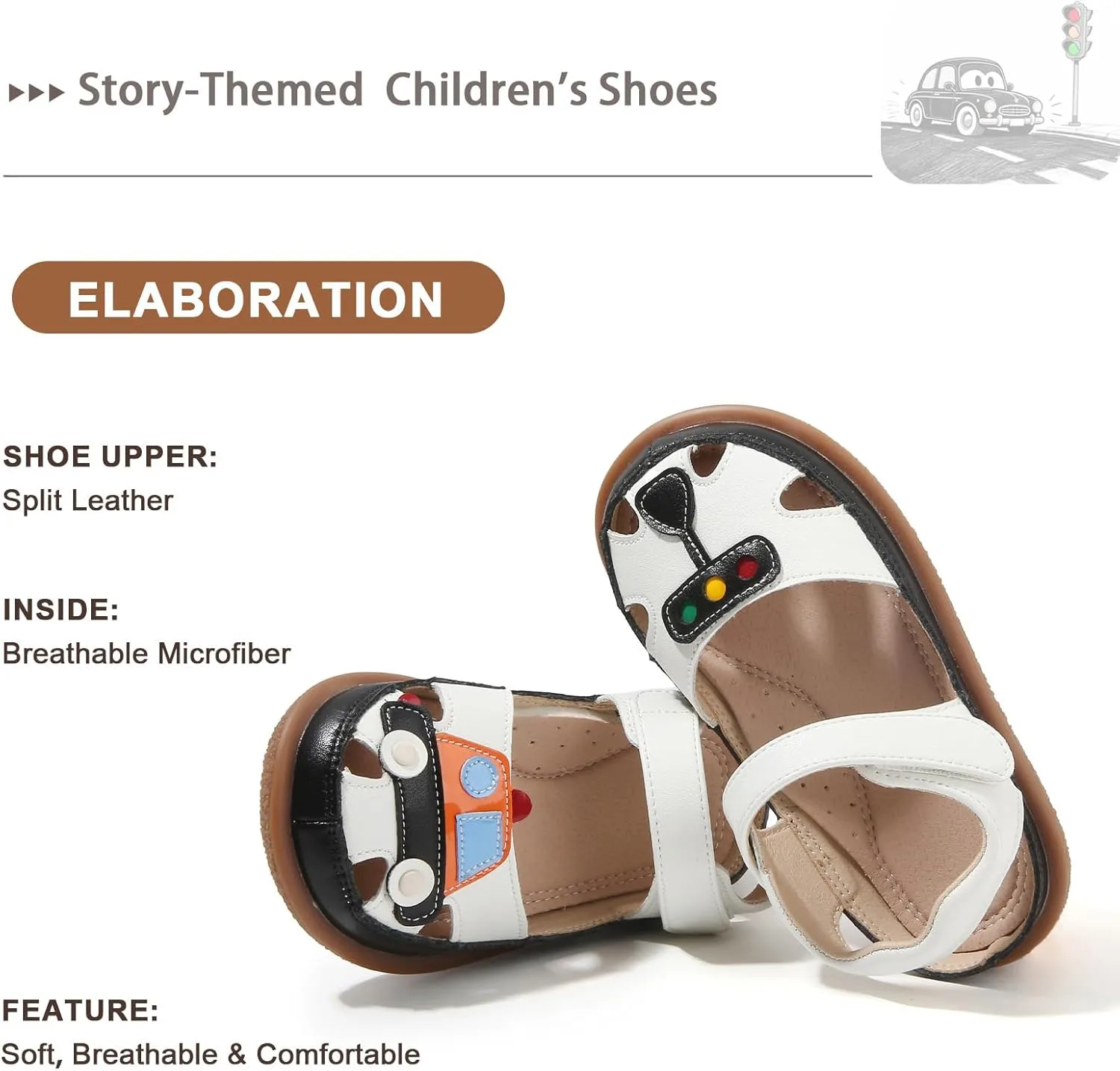 ‌Toddler Boys Closed Toe Sandals, Breathable Leather Kids Sandals with Car & Traffic Light Pattern, Soft Non-Slip Outsole for Summer Outdoor Activities Ages 2-7