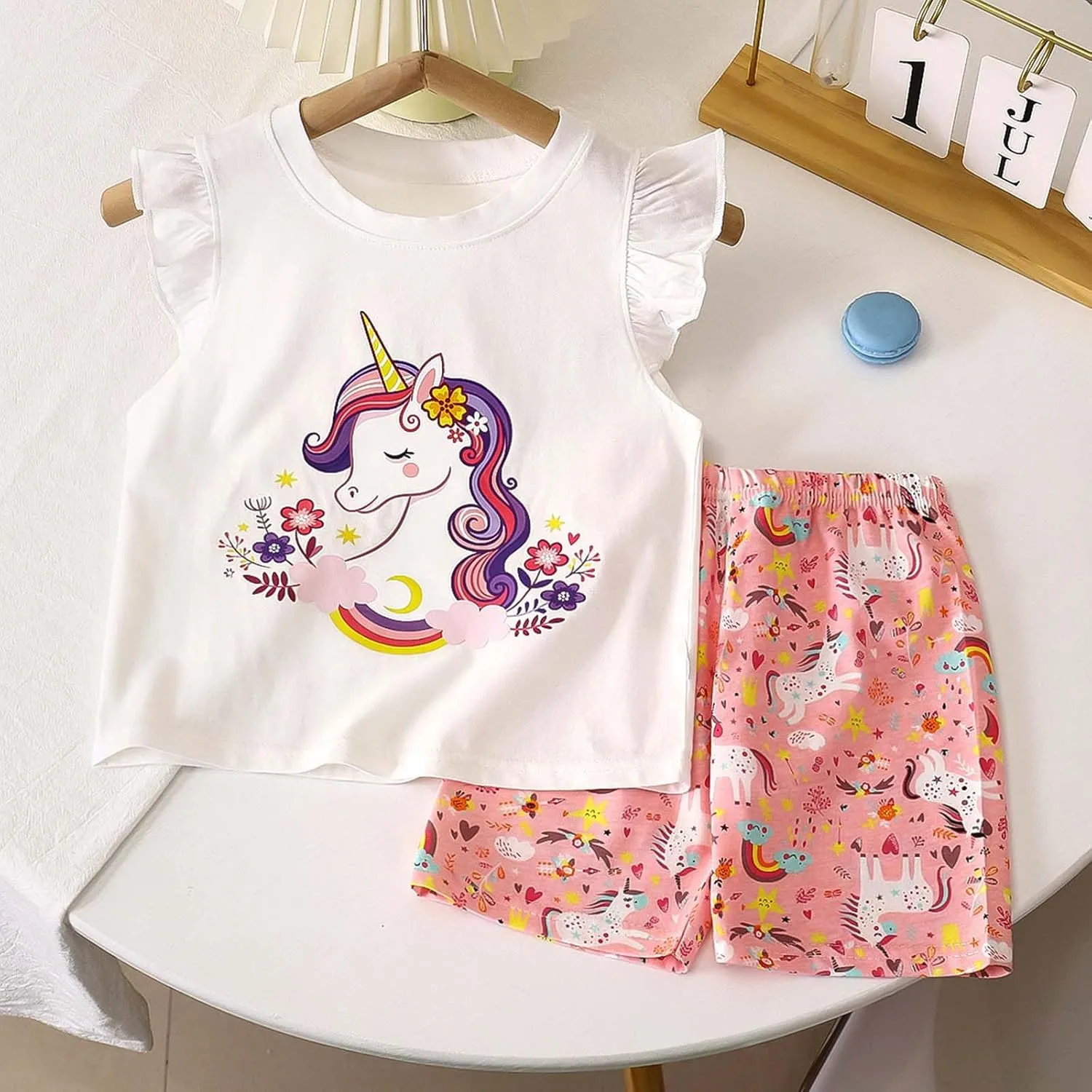 Toddler GirlS Clothes Ruffle Sleeve Cartoon Print T Shirt Tops Casual Elastic Waist Shorts Set Cute Newborn Summer Outfits
