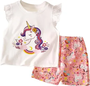 Toddler GirlS Clothes Ruffle Sleeve Cartoon Print T Shirt Tops Casual Elastic Waist Shorts Set Cute Newborn Summer Outfits