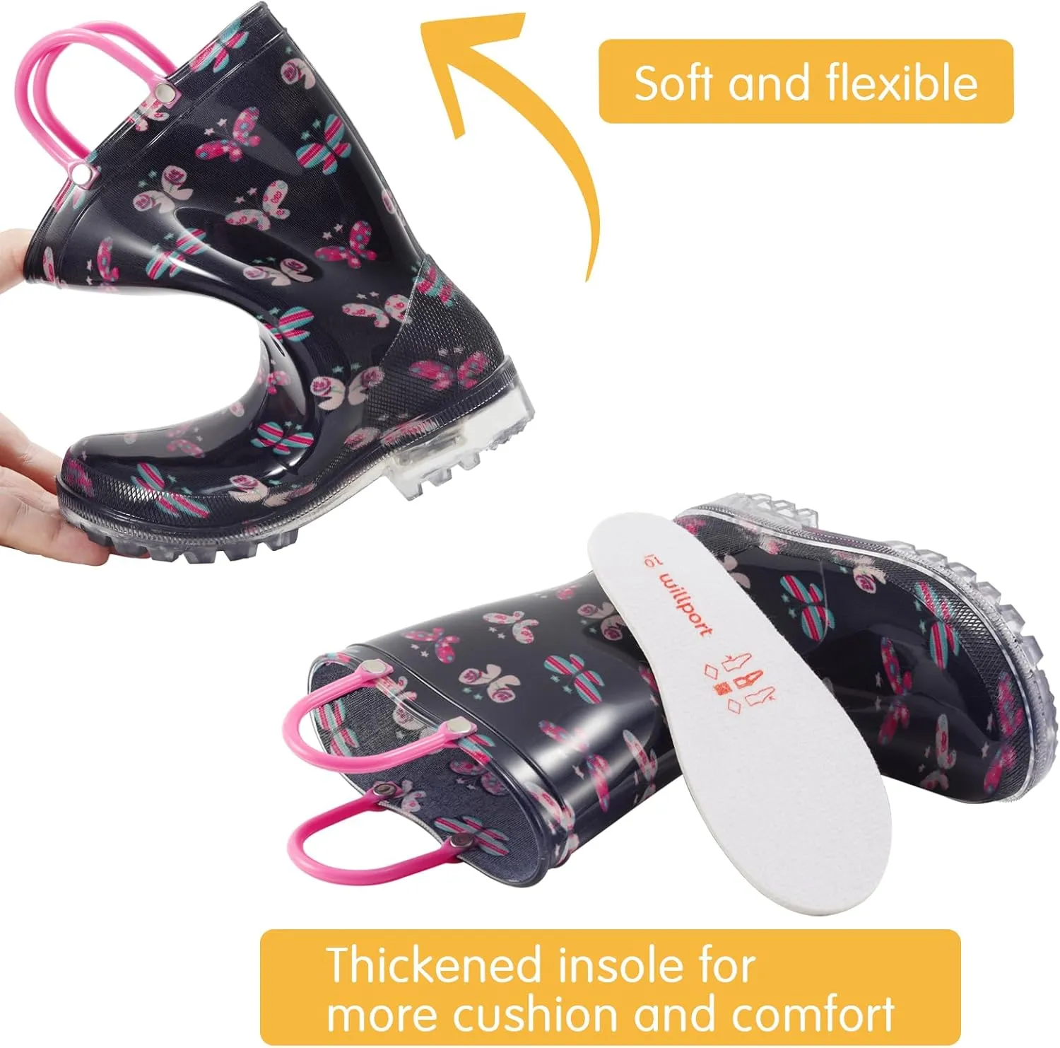 Toddler Rain Boots,Waterproof Light Up Kids Rain Boots with Easy-on Handles for Boys and Girls