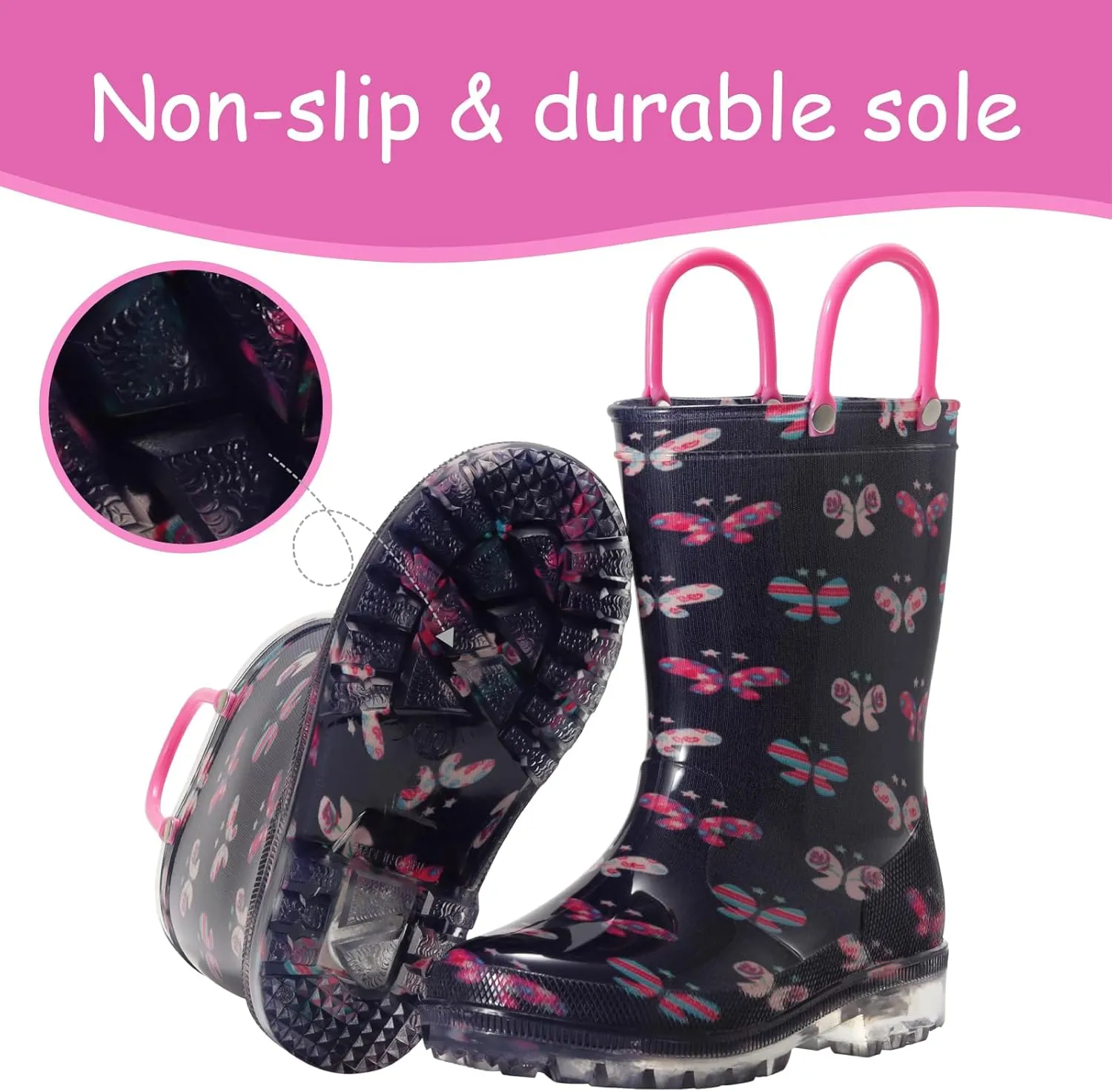 Toddler Rain Boots,Waterproof Light Up Kids Rain Boots with Easy-on Handles for Boys and Girls